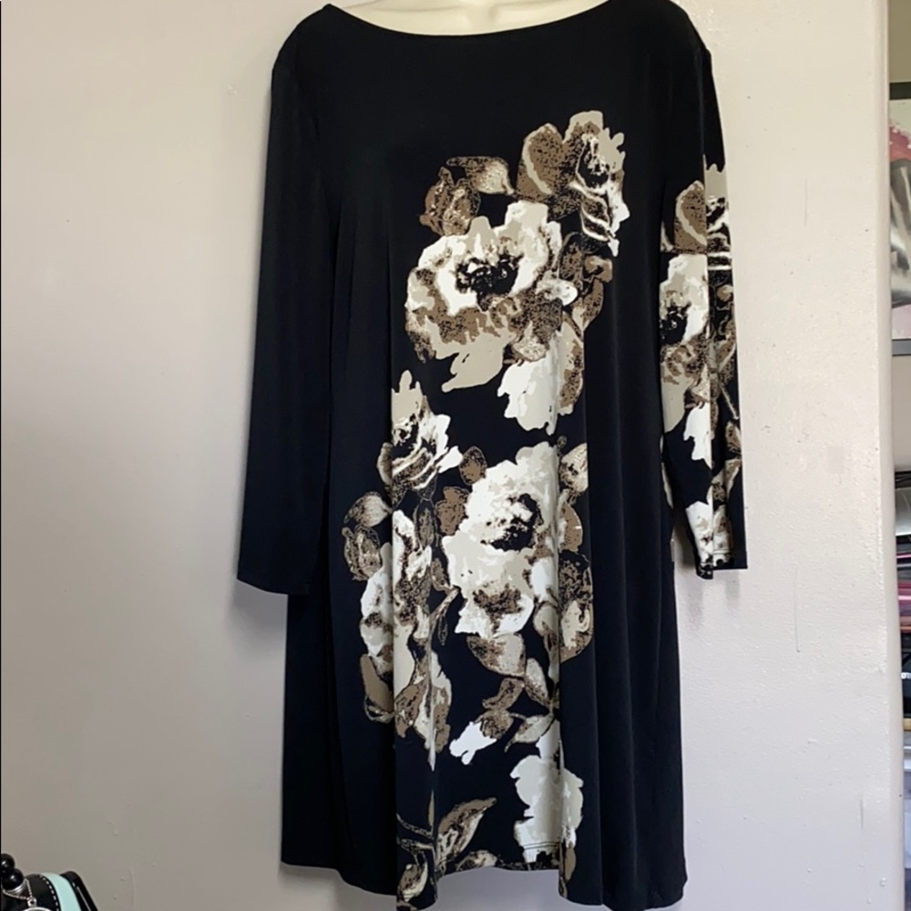 Black Floral Midi Dress with Taupe & Cream Blooms